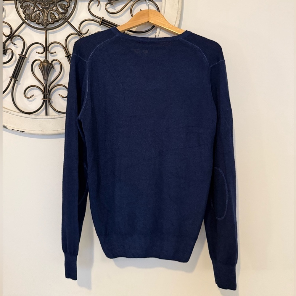 .CROSSLEY Merino Wool V-Neck Sweater w. Elbow Patches in Blue size Men’s L Large - Picture 3 of 4